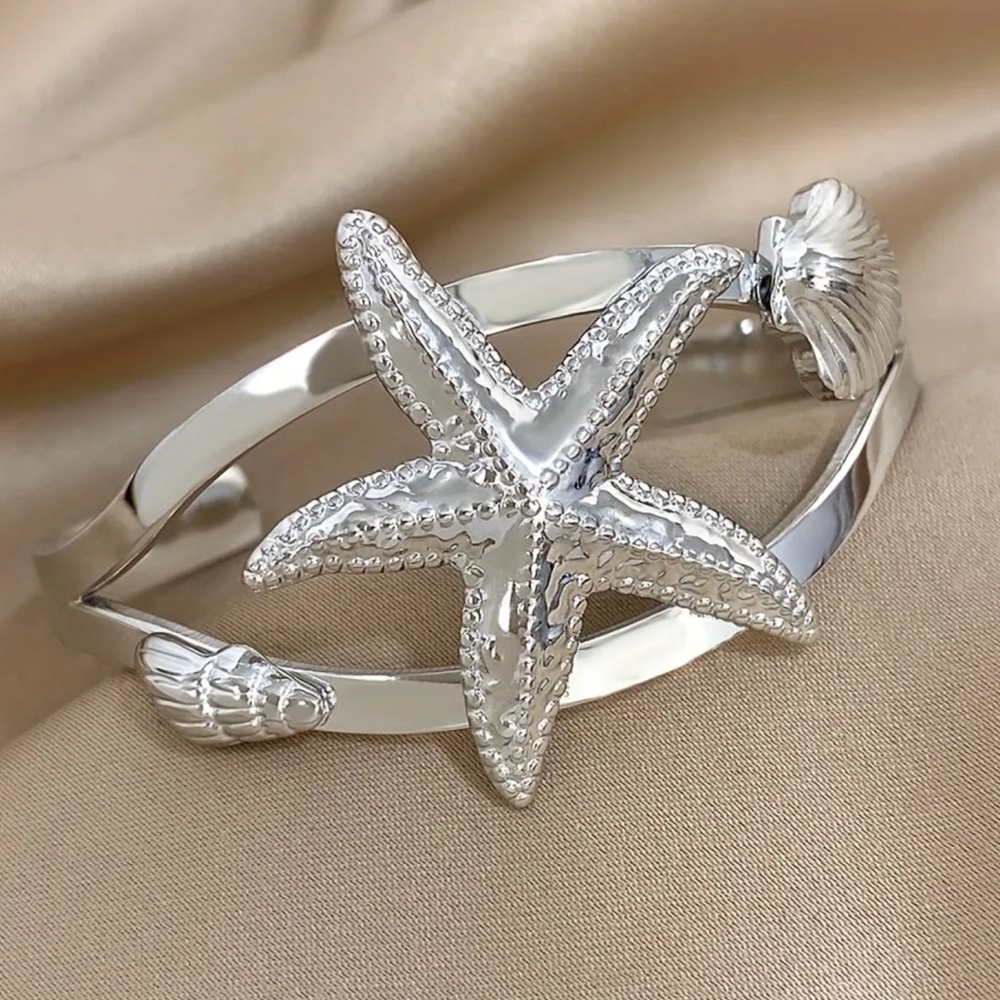 Silver Starfish& Shell Nautical Bracelet  Beach Vacation waterproof Jewelry”